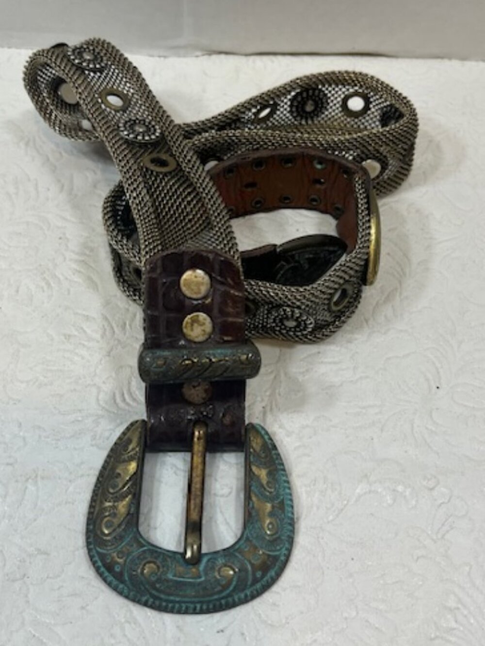 VTG Sand Castle New York Metal Mesh Leather Belt Western Brass Buckle Studs 32 M